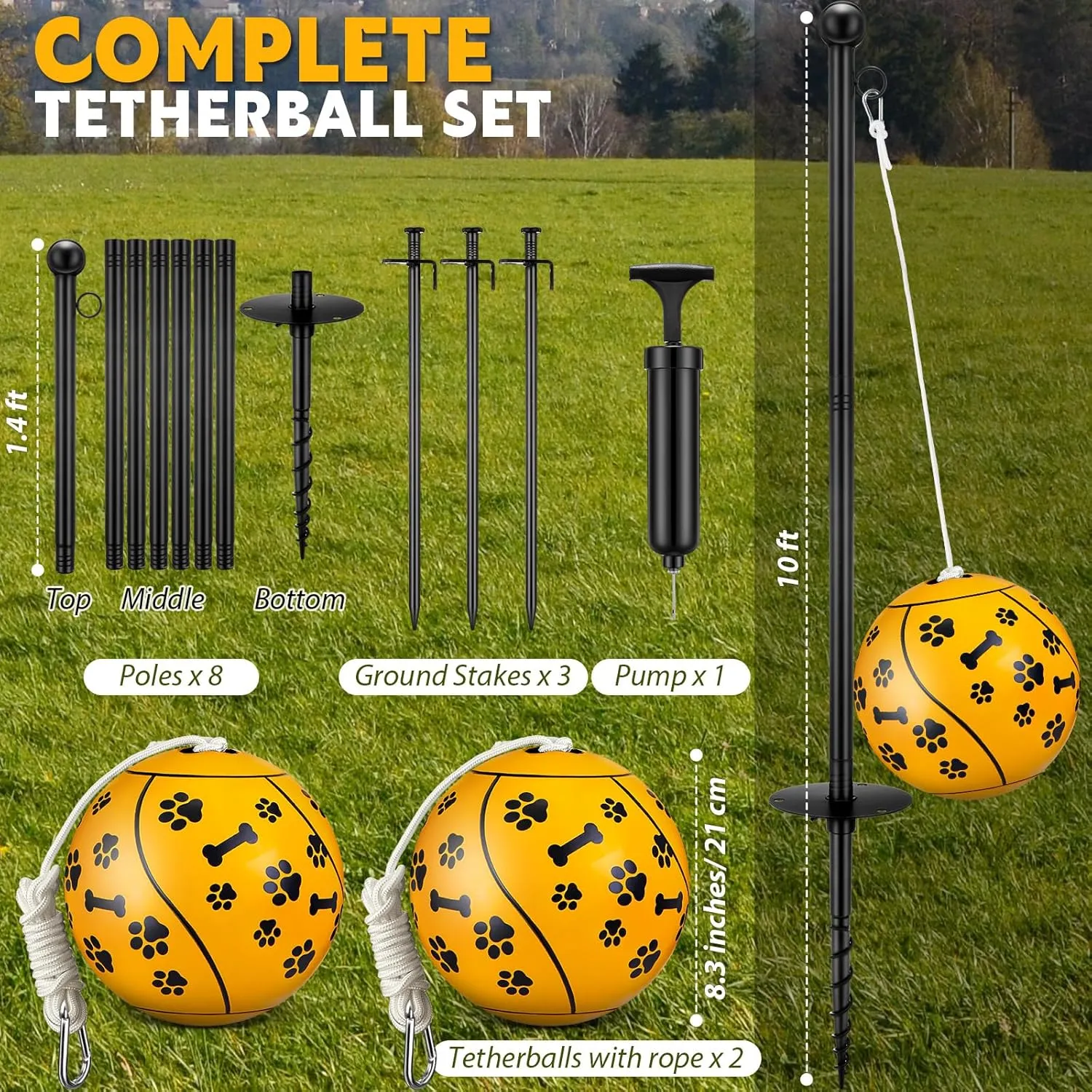 10 ft Tetherball Set with 2 Balls, Portable Replacement Tetherball Ball and Rope and Pole Tether Equipment Adjustable Pole Game for Adult Dog Outdoor Backyard Beach