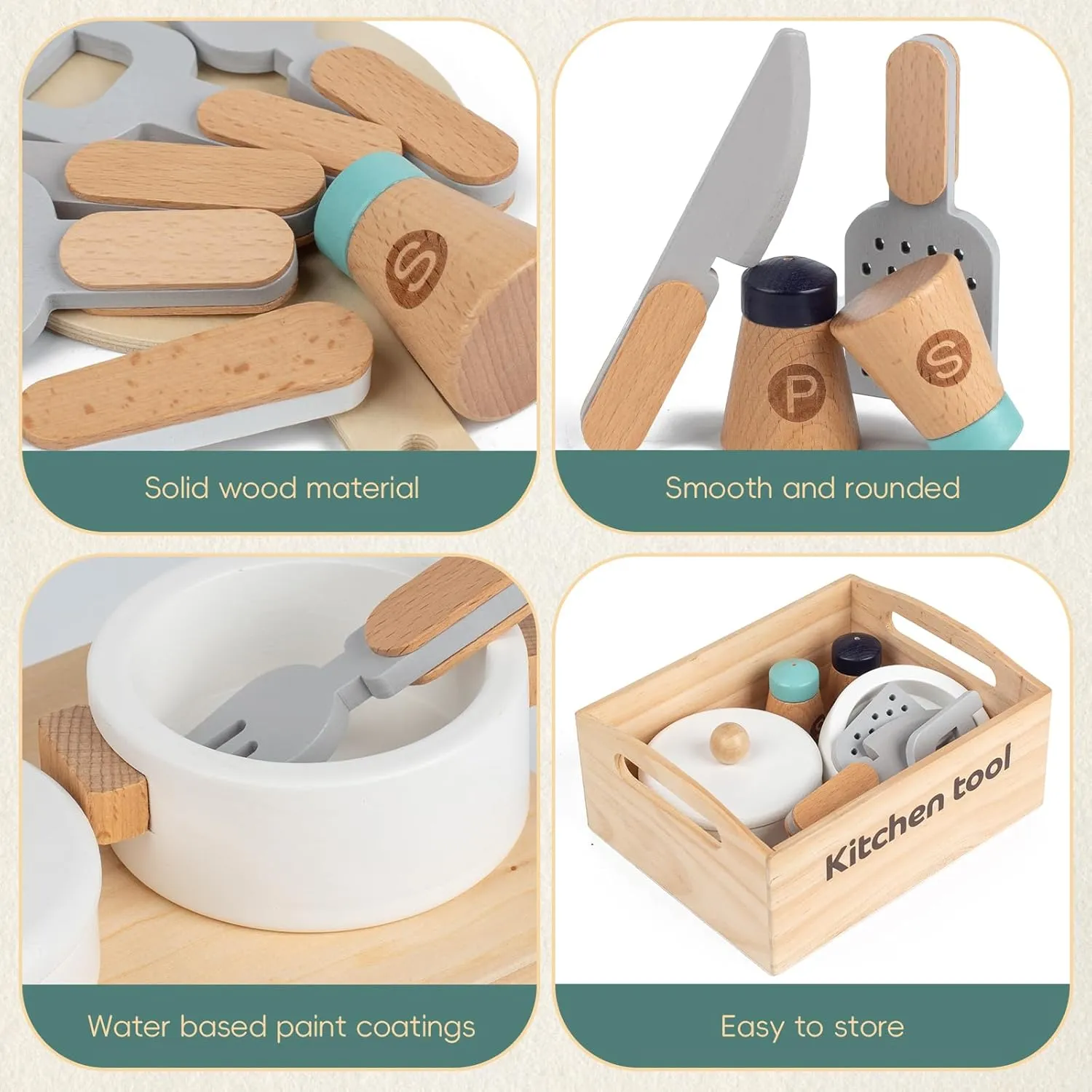 10 PCS Play Kitchen Utensils Set, Pretend Play Pots and Pans, Wooden Play Kitchen Accessories, Childrens Kitchen Playset, Kids Play Cooking Set, Learning Toy for 3  Kids Girls Boys