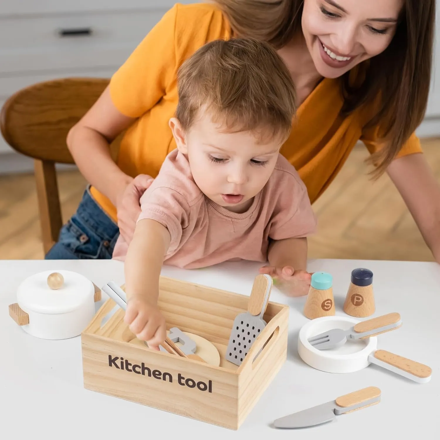 10 PCS Play Kitchen Utensils Set, Pretend Play Pots and Pans, Wooden Play Kitchen Accessories, Childrens Kitchen Playset, Kids Play Cooking Set, Learning Toy for 3  Kids Girls Boys