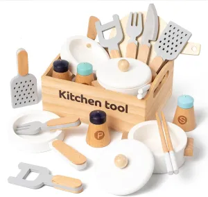 10 PCS Play Kitchen Utensils Set, Pretend Play Pots and Pans, Wooden Play Kitchen Accessories, Childrens Kitchen Playset, Kids Play Cooking Set, Learning Toy for 3  Kids Girls Boys