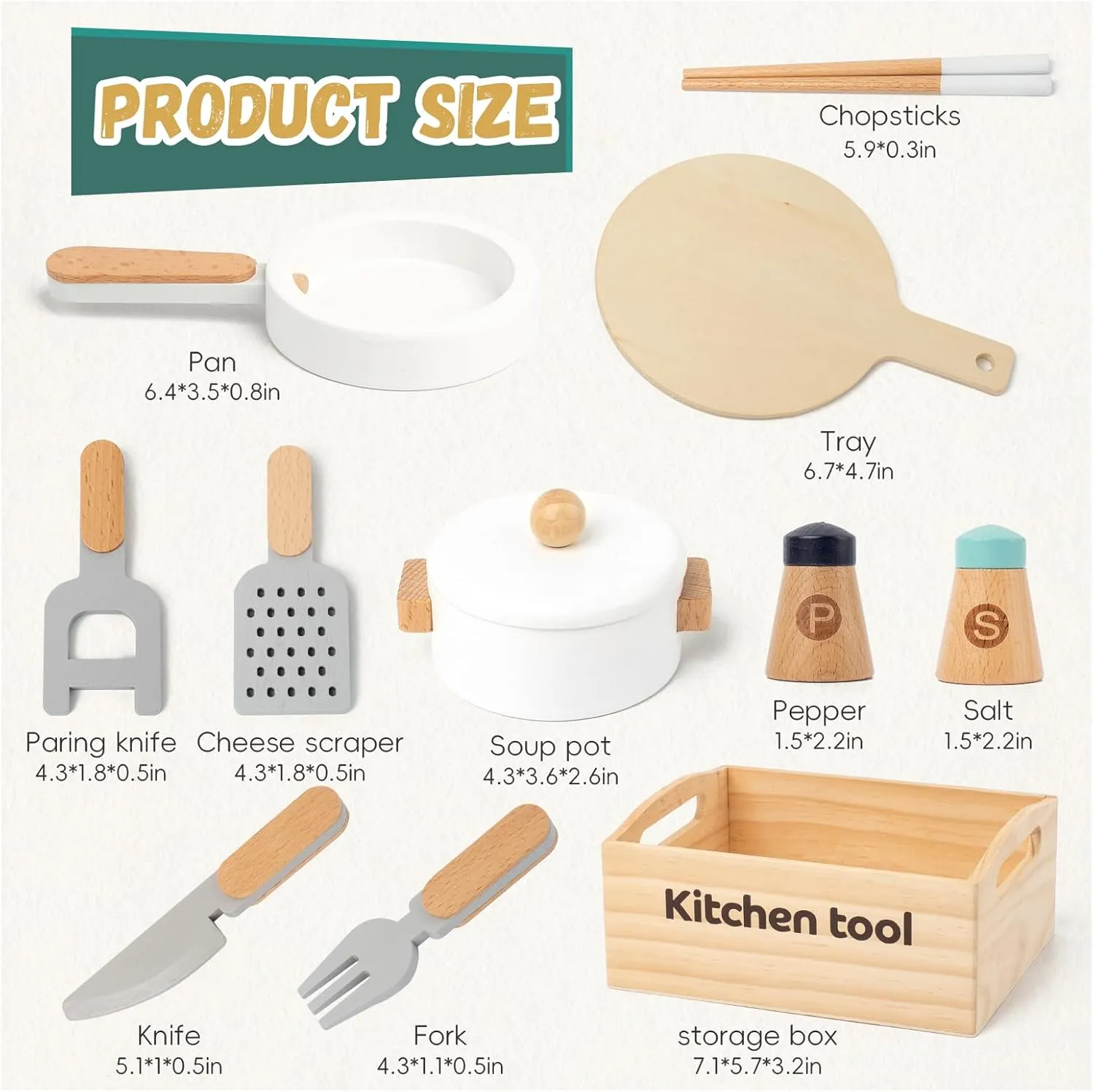 10 PCS Play Kitchen Utensils Set, Pretend Play Pots and Pans, Wooden Play Kitchen Accessories, Childrens Kitchen Playset, Kids Play Cooking Set, Learning Toy for 3  Kids Girls Boys