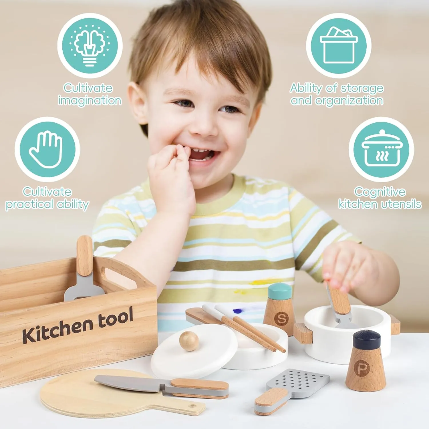 10 PCS Play Kitchen Utensils Set, Pretend Play Pots and Pans, Wooden Play Kitchen Accessories, Childrens Kitchen Playset, Kids Play Cooking Set, Learning Toy for 3  Kids Girls Boys