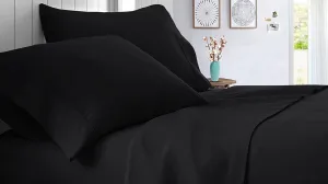 100% Egyptian Cotton, 600 TC, Fully Elasticized Fitted Bedsheet with 16" Deep Pocket & 2 Pillow Cases, Hotel-Luxury & Soft Fitted Bedsheet Set 3 Piece-Black Solid, Twin-XL Size
