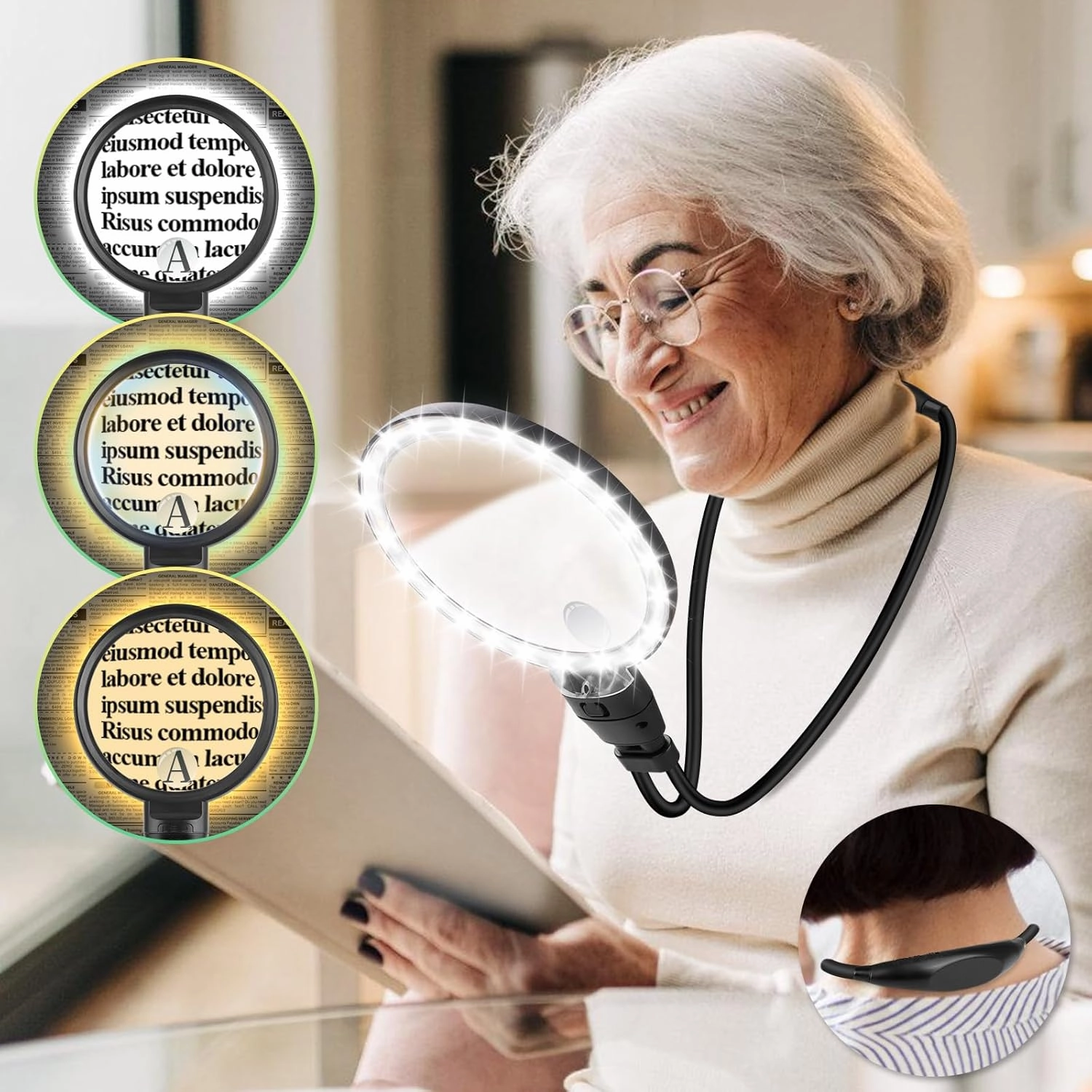 10X 30X Hands Free Magnifying Glass for Reading, Magnifying Glass with Light for Close Work, Flexible Gooseneck Large Magnifier for Reading Books,Sewing Seniors(Black)