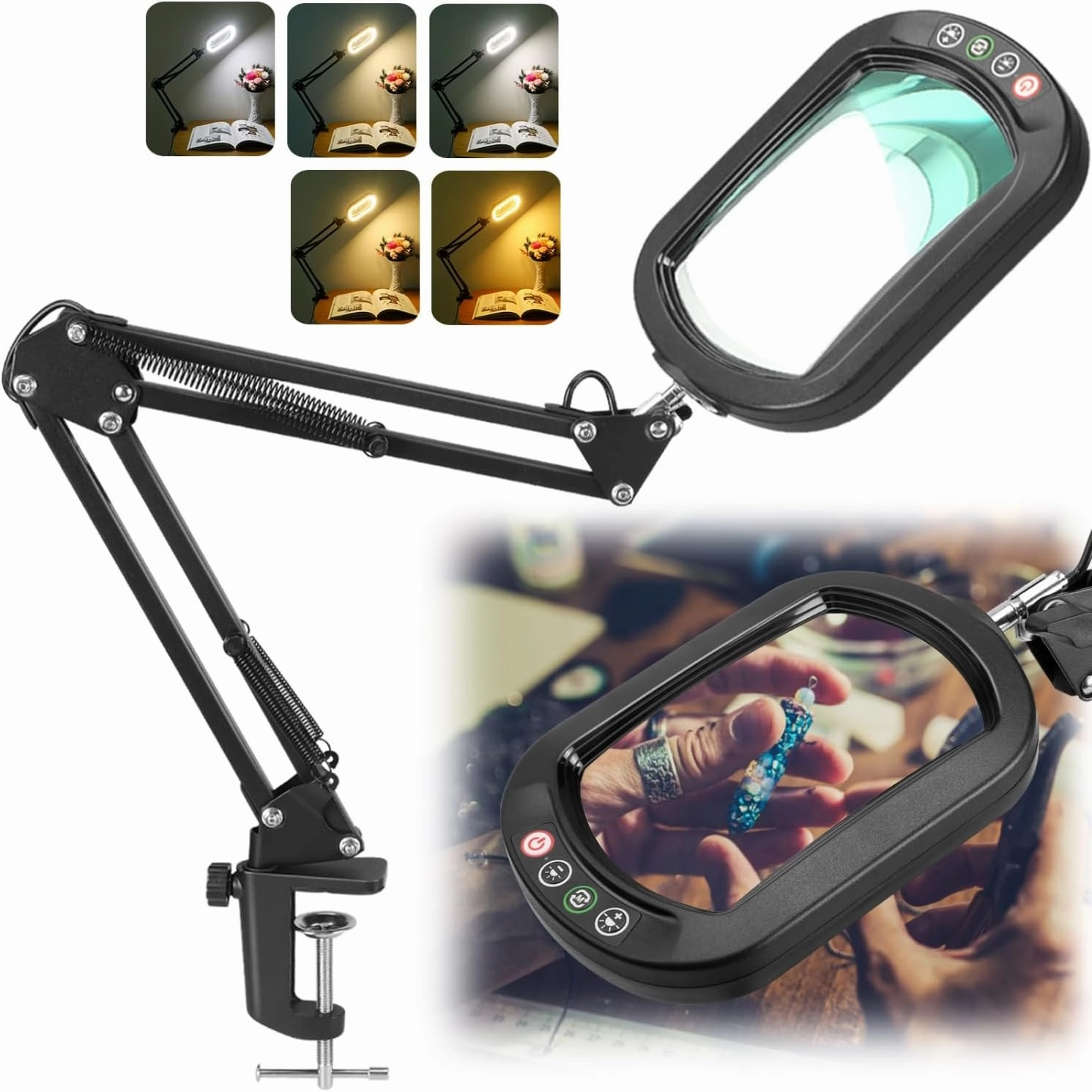 10X Rectangle Magnifying Glass with Light, 5 Color Modes Stepless Dimmable Magnifier with Stand, LED Lighted Clamp Desk Lamp with Swing Arm, Hands Free for Reading Painting Crafts Close Work