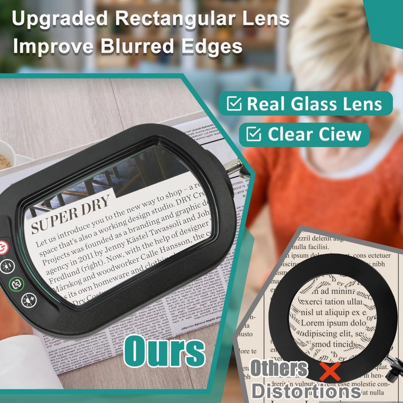 10X Rectangle Magnifying Glass with Light, 5 Color Modes Stepless Dimmable Magnifier with Stand, LED Lighted Clamp Desk Lamp with Swing Arm, Hands Free for Reading Painting Crafts Close Work