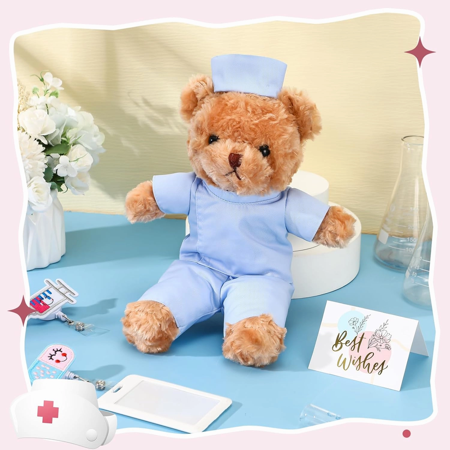11.8 Inches Nurse Bear Stuffed Animals Plush Gifts Set, Nurse Felt Retractable Pill Syringe Badge Reels Cute ID Badge Holder, Thank You Card, Kraft Paper Packing Tape(Blue)