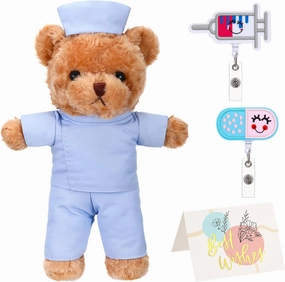 11.8 Inches Nurse Bear Stuffed Animals Plush Gifts Set, Nurse Felt Retractable Pill Syringe Badge Reels Cute ID Badge Holder, Thank You Card, Kraft Paper Packing Tape(Blue)