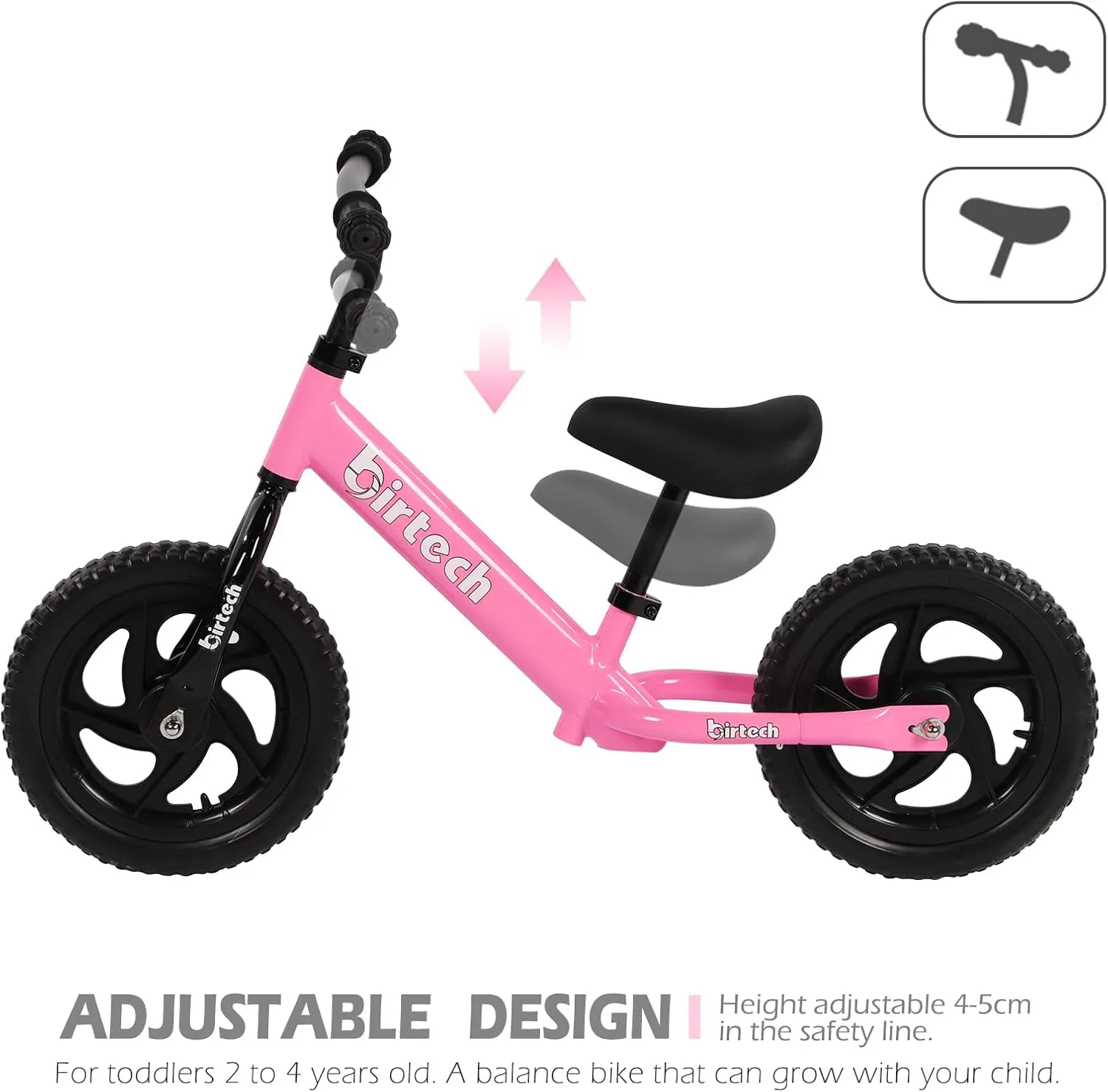 12 Inch Toddler Balance Bike for Kids 2-6 Years Old, Adjustable Seat Height, Indoor Outdoor Toy Bicycle With No Pedals, Pink
