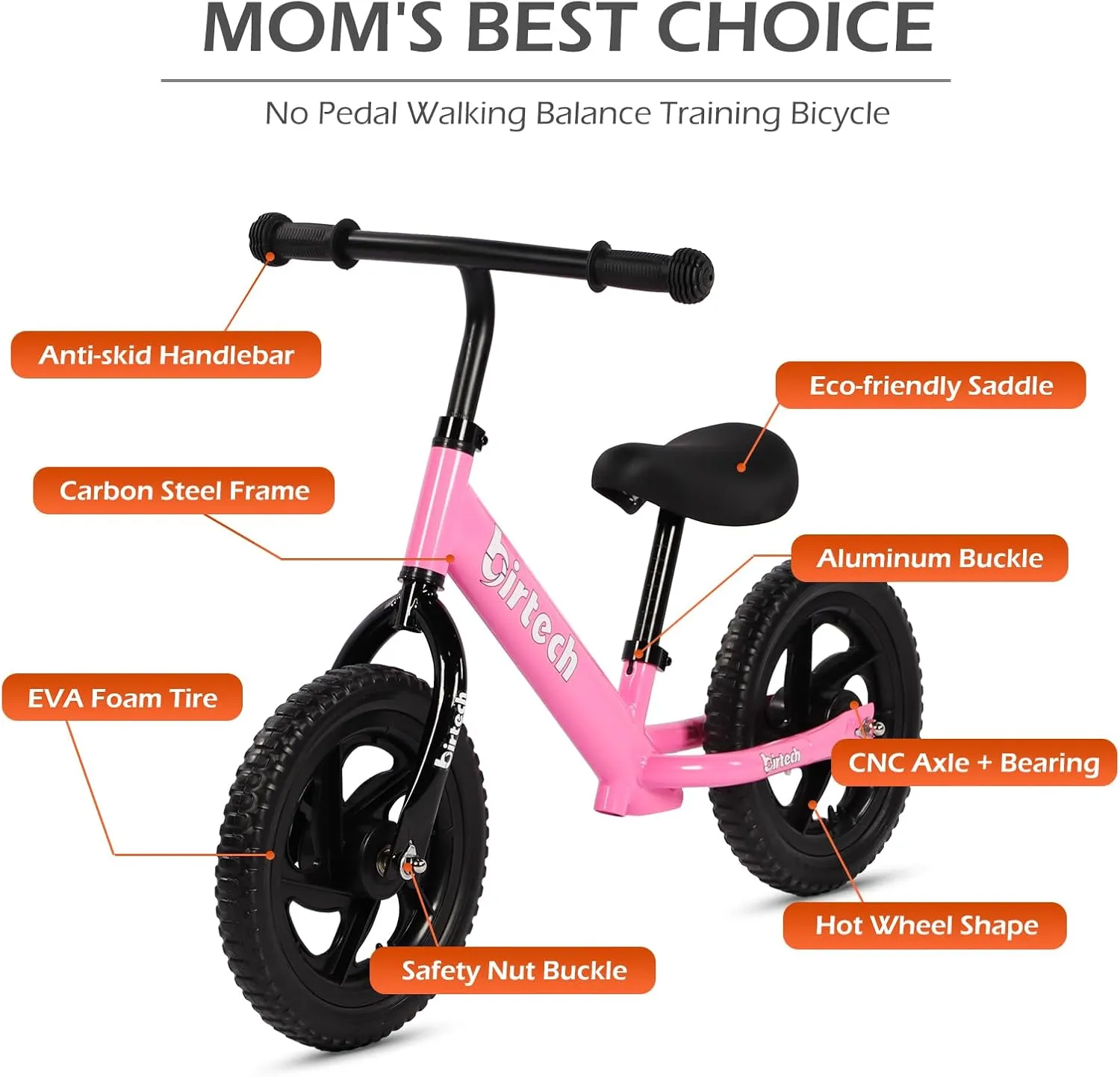 12 Inch Toddler Balance Bike for Kids 2-6 Years Old, Adjustable Seat Height, Indoor Outdoor Toy Bicycle With No Pedals, Pink