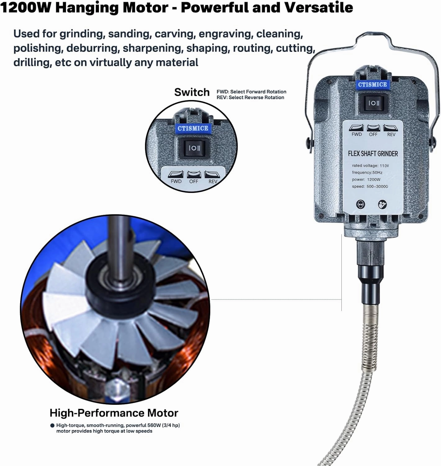1200W Flex Shaft Grinder Electric Rotary Tool Supporting Forward and Reverse Rotation, Flexible Shaft Machine Kits with Variable Speed Foot Switch and 110pcs Attachments for Grinding Sanding