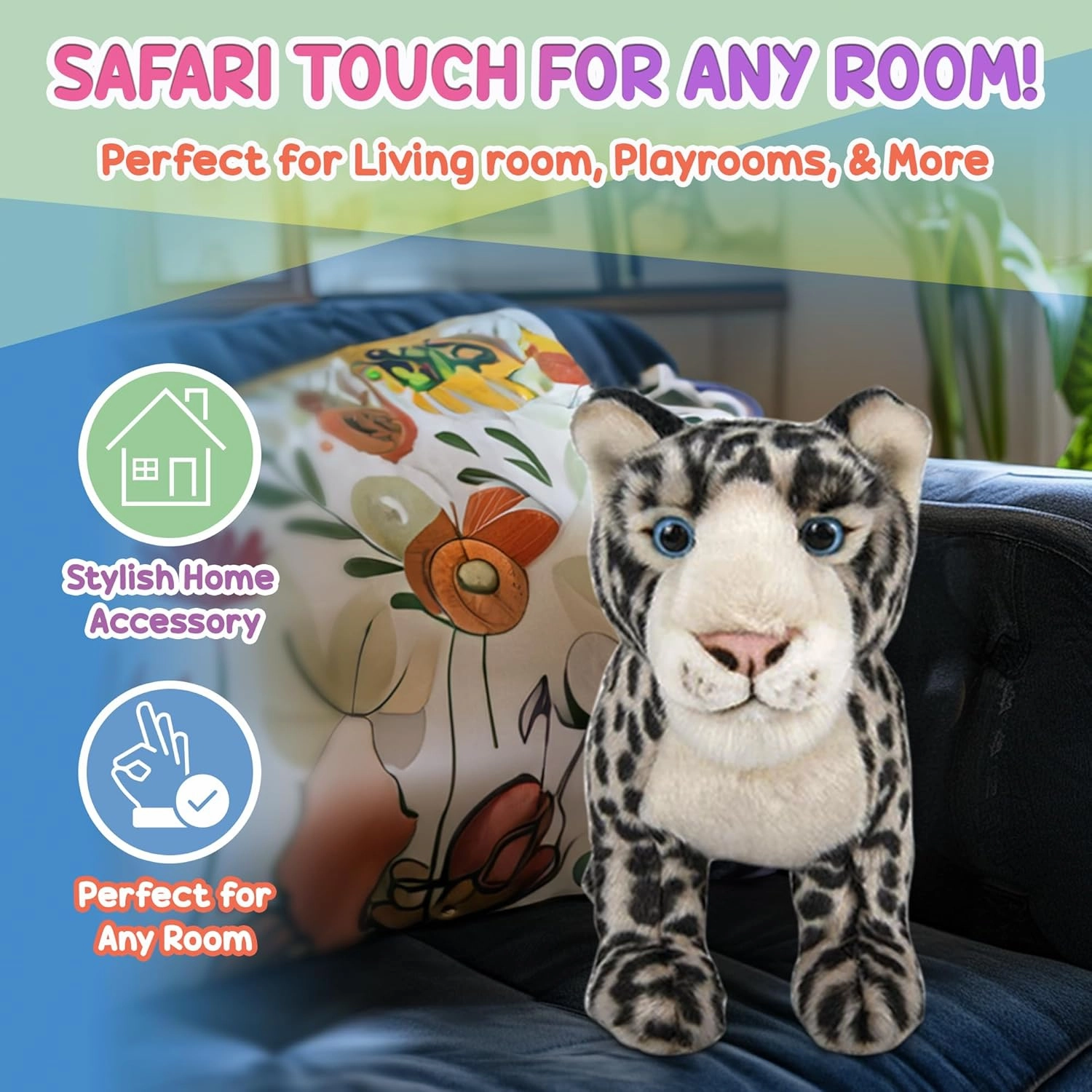 12” Standing Stuffed Animals for Boys & Girls, Safari Baby Shower Decorations, Soft Plush, Nursery Décor, Huggable Soft Toys, Realistic Features, Elephant, Lion, Wolf, Rhino & More (Snow Leopard)