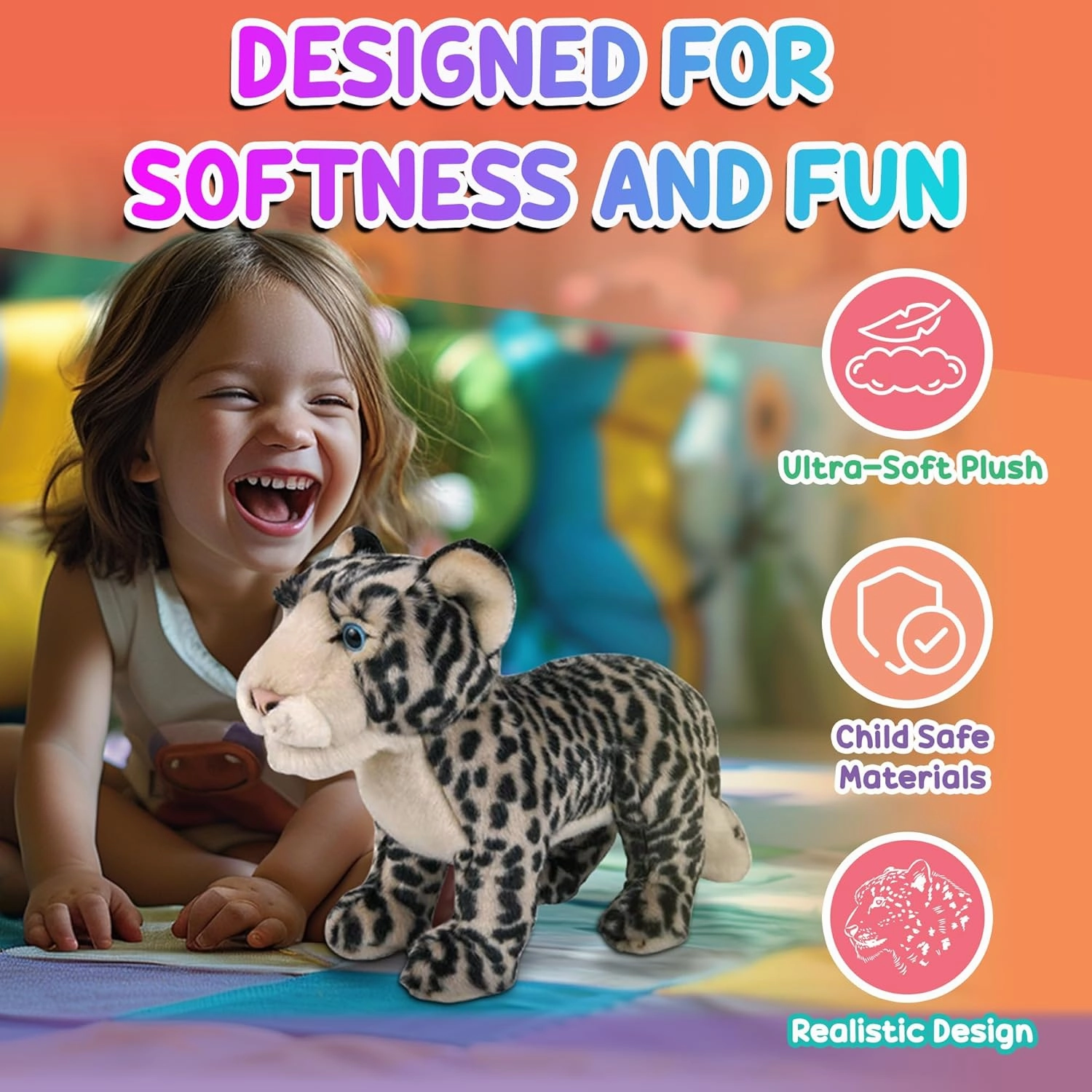 12” Standing Stuffed Animals for Boys & Girls, Safari Baby Shower Decorations, Soft Plush, Nursery Décor, Huggable Soft Toys, Realistic Features, Elephant, Lion, Wolf, Rhino & More (Snow Leopard)