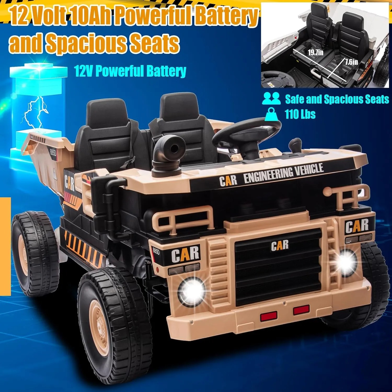 12V 10AH 2-Seater XL Kids Ride on Truck Electric Toy Car with Electric Dump Bed, Parents Remote Control Kids Car Tractor Toys Ride-on Dump Truck for Boys and Girls Ages 3 , Khaki