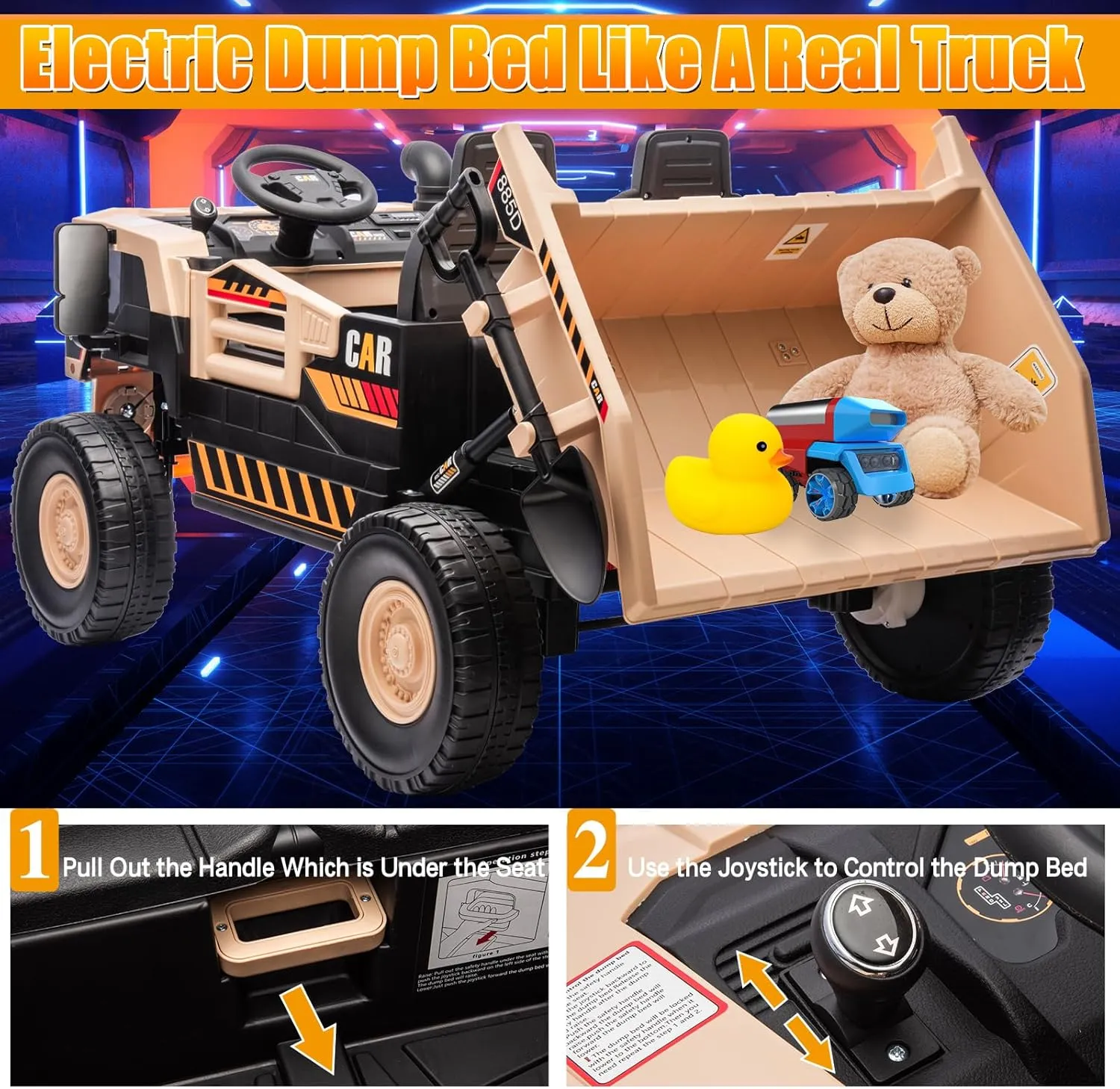 12V 10AH 2-Seater XL Kids Ride on Truck Electric Toy Car with Electric Dump Bed, Parents Remote Control Kids Car Tractor Toys Ride-on Dump Truck for Boys and Girls Ages 3 , Khaki