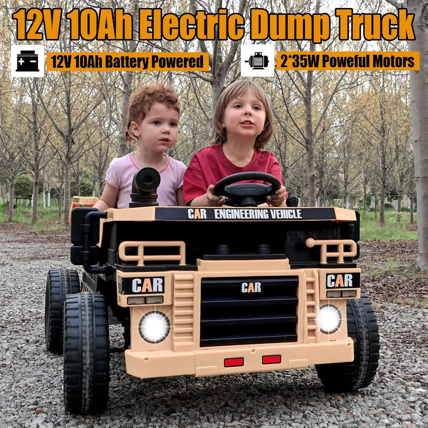 12V 10AH 2-Seater XL Kids Ride on Truck Electric Toy Car with Electric Dump Bed, Parents Remote Control Kids Car Tractor Toys Ride-on Dump Truck for Boys and Girls Ages 3 , Khaki