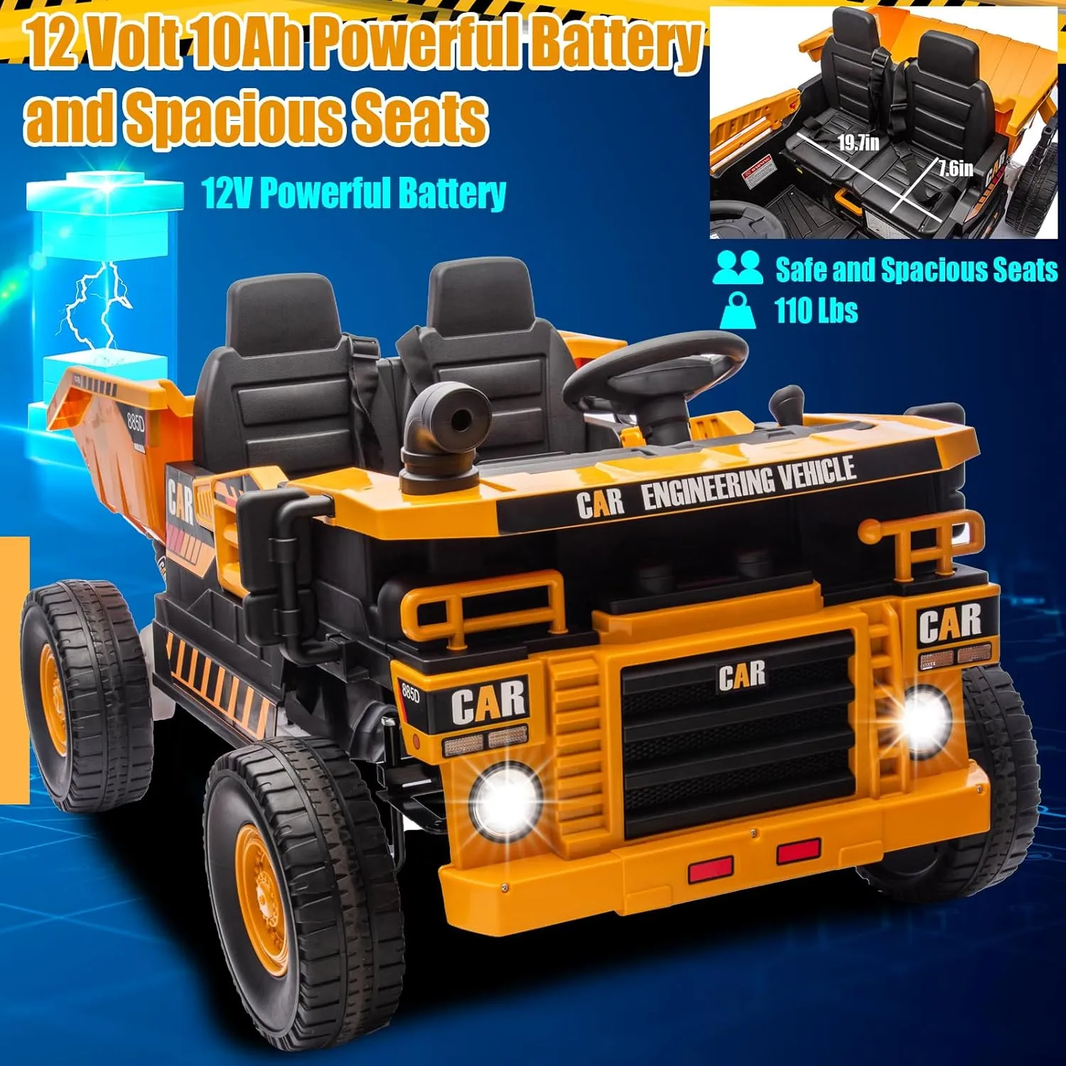 12V 10AH 2-Seater XL Kids Ride on Truck Electric Toy Car with Electric Dump Bed, Parents Remote Control Kids Car Tractor Toys Ride-on Dump Truck for Boys and Girls Ages 3 , Yellow