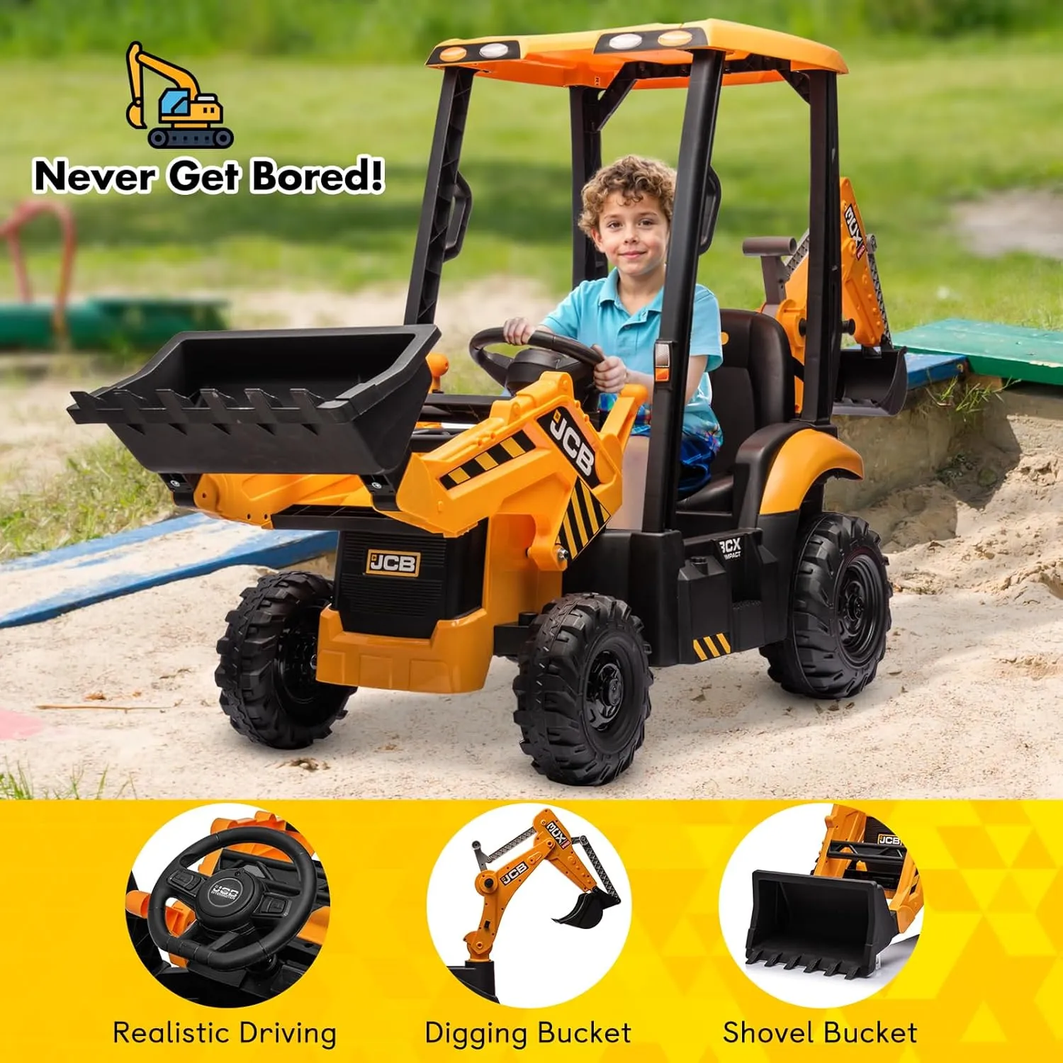 12V JCB Ride on Excavator, Kids Ride on Tractor with Remote Control, Bulldozer, Digging Arm, Sand Digger and Backhoe Shovel Bucket, Ride On Toys for Kids 4-8,1.5-2.8Mph,Slow Start
