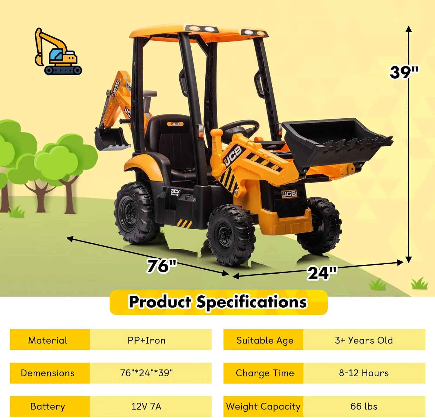 12V JCB Ride on Excavator, Kids Ride on Tractor with Remote Control, Bulldozer, Digging Arm, Sand Digger and Backhoe Shovel Bucket, Ride On Toys for Kids 4-8,1.5-2.8Mph,Slow Start