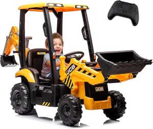 12V JCB Ride on Excavator, Kids Ride on Tractor with Remote Control, Bulldozer, Digging Arm, Sand Digger and Backhoe Shovel Bucket, Ride On Toys for Kids 4-8,1.5-2.8Mph,Slow Start
