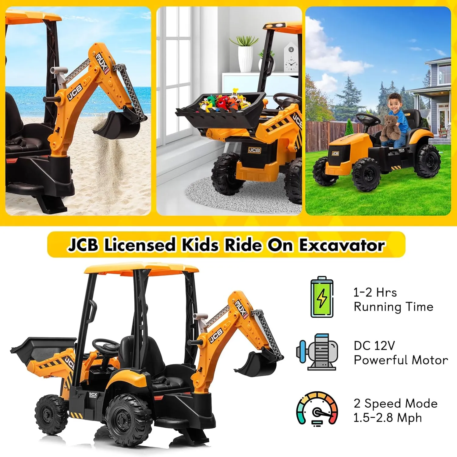12V JCB Ride on Excavator, Kids Ride on Tractor with Remote Control, Bulldozer, Digging Arm, Sand Digger and Backhoe Shovel Bucket, Ride On Toys for Kids 4-8,1.5-2.8Mph,Slow Start