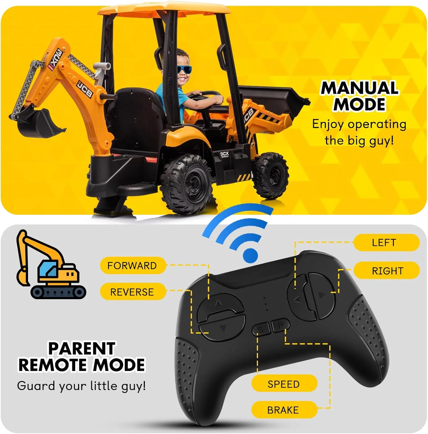 12V JCB Ride on Excavator, Kids Ride on Tractor with Remote Control, Bulldozer, Digging Arm, Sand Digger and Backhoe Shovel Bucket, Ride On Toys for Kids 4-8,1.5-2.8Mph,Slow Start
