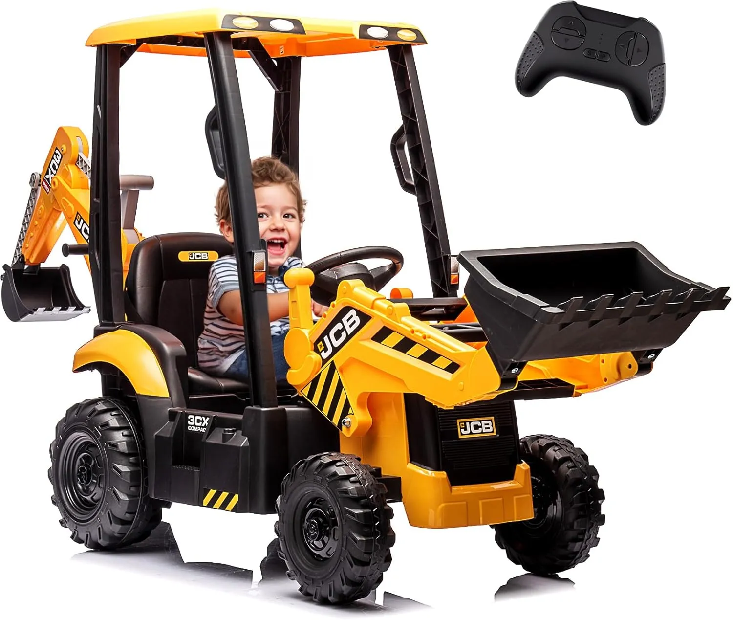 12V JCB Ride on Excavator, Kids Ride on Tractor with Remote Control, Bulldozer, Digging Arm, Sand Digger and Backhoe Shovel Bucket, Ride On Toys for Kids 4-8,1.5-2.8Mph,Slow Start