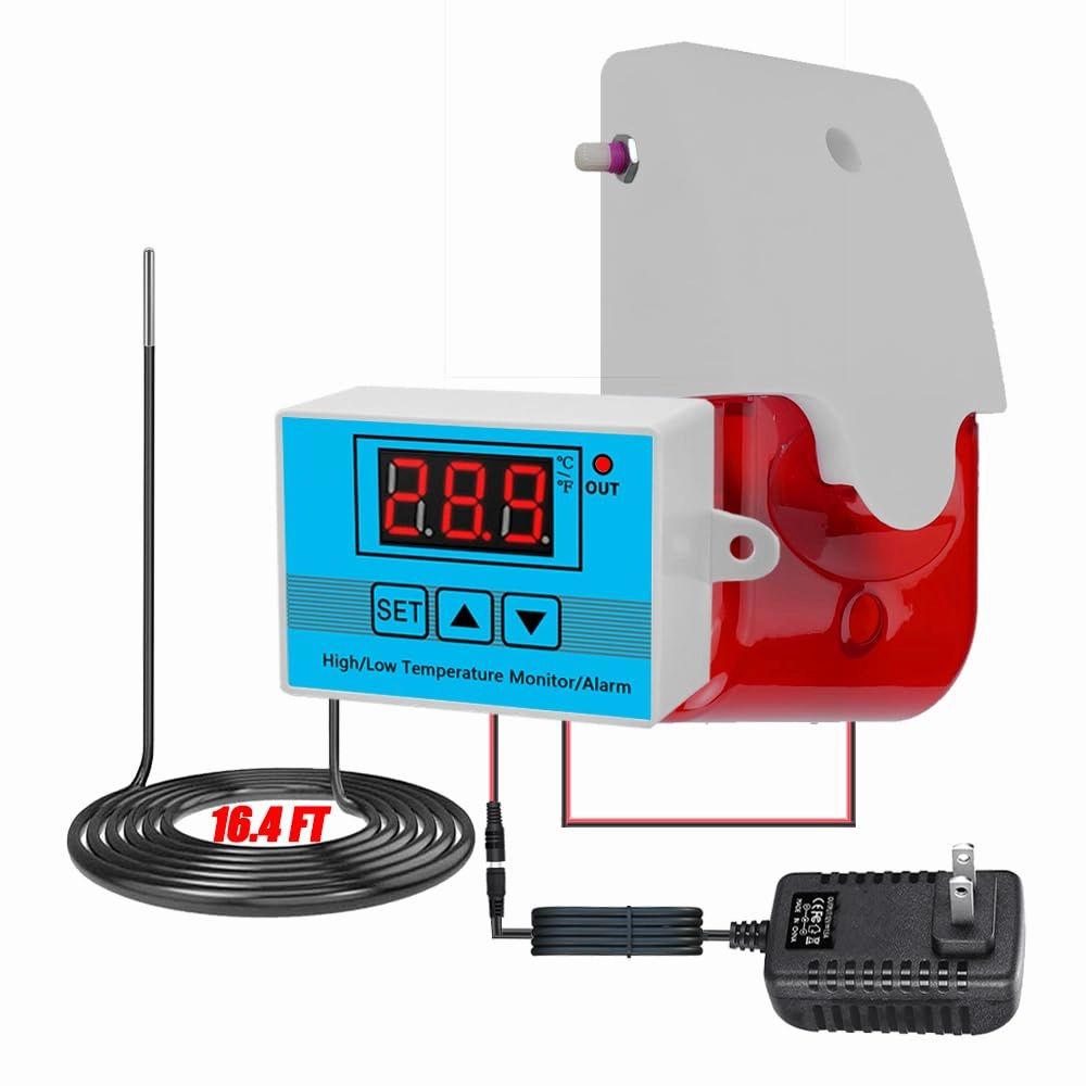 12V High/Low Temperature Monitor, Temperature Sensor with 5M Waterproof Probe, 0~120dB Adjustable Audible/Visual Freezer Alarm, Refrigerator Thermometer for Fridge/Cold Chain/RV/Pond/Farming/Factory