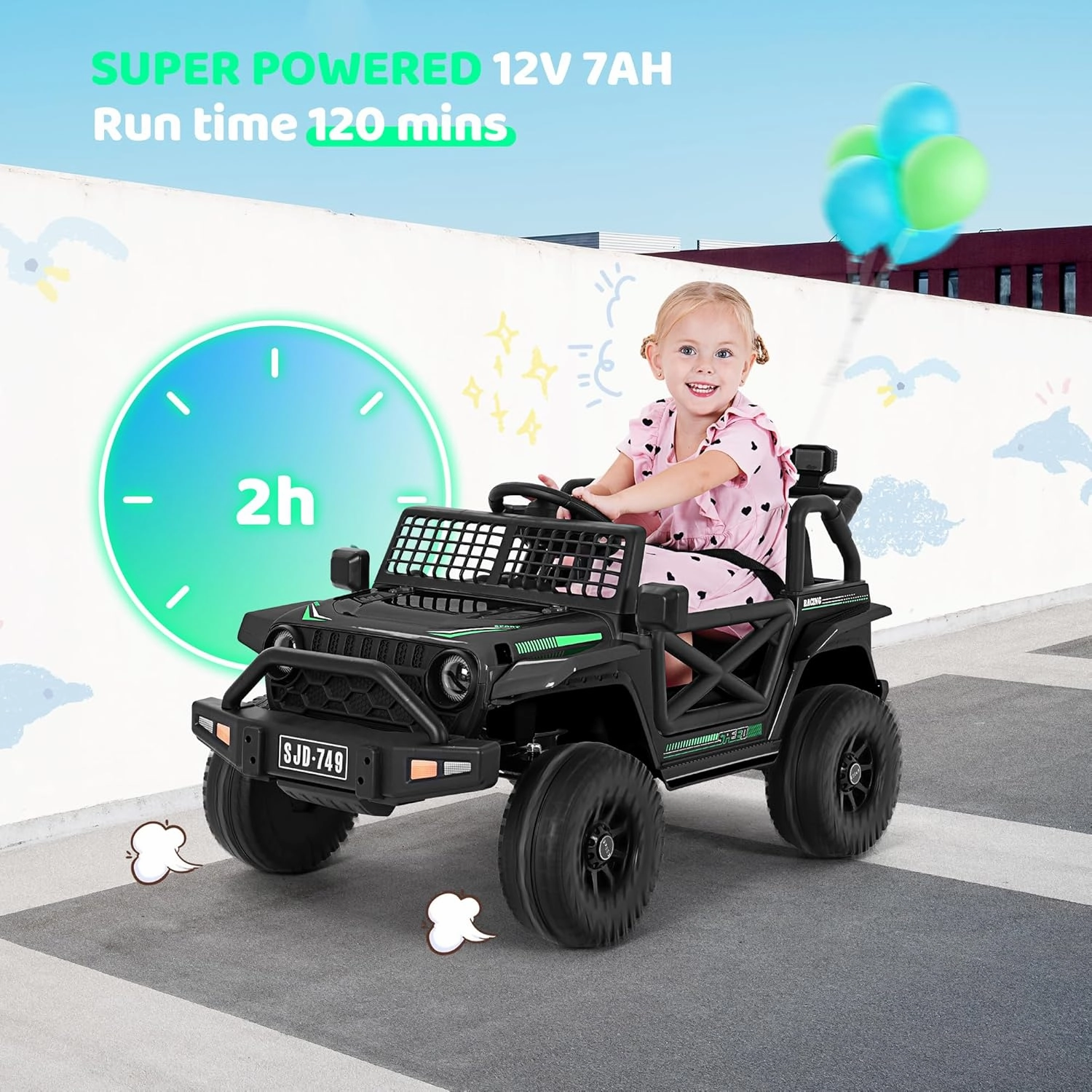 12V Kids Toddler Ride On Truck Electric - 7Ah Large Battery Electric Vehicles with Remote Control, 2 Speeds, LED Lights, Horn, Music for Kids (Black)