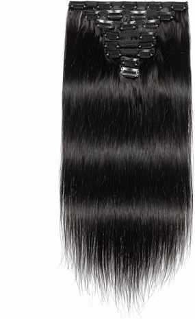 14 Straight Clip-in Human Hair Extensions, Natural Black, 8-Piece Set, Seamless Design for Easy Wear, Length & Shine Boost