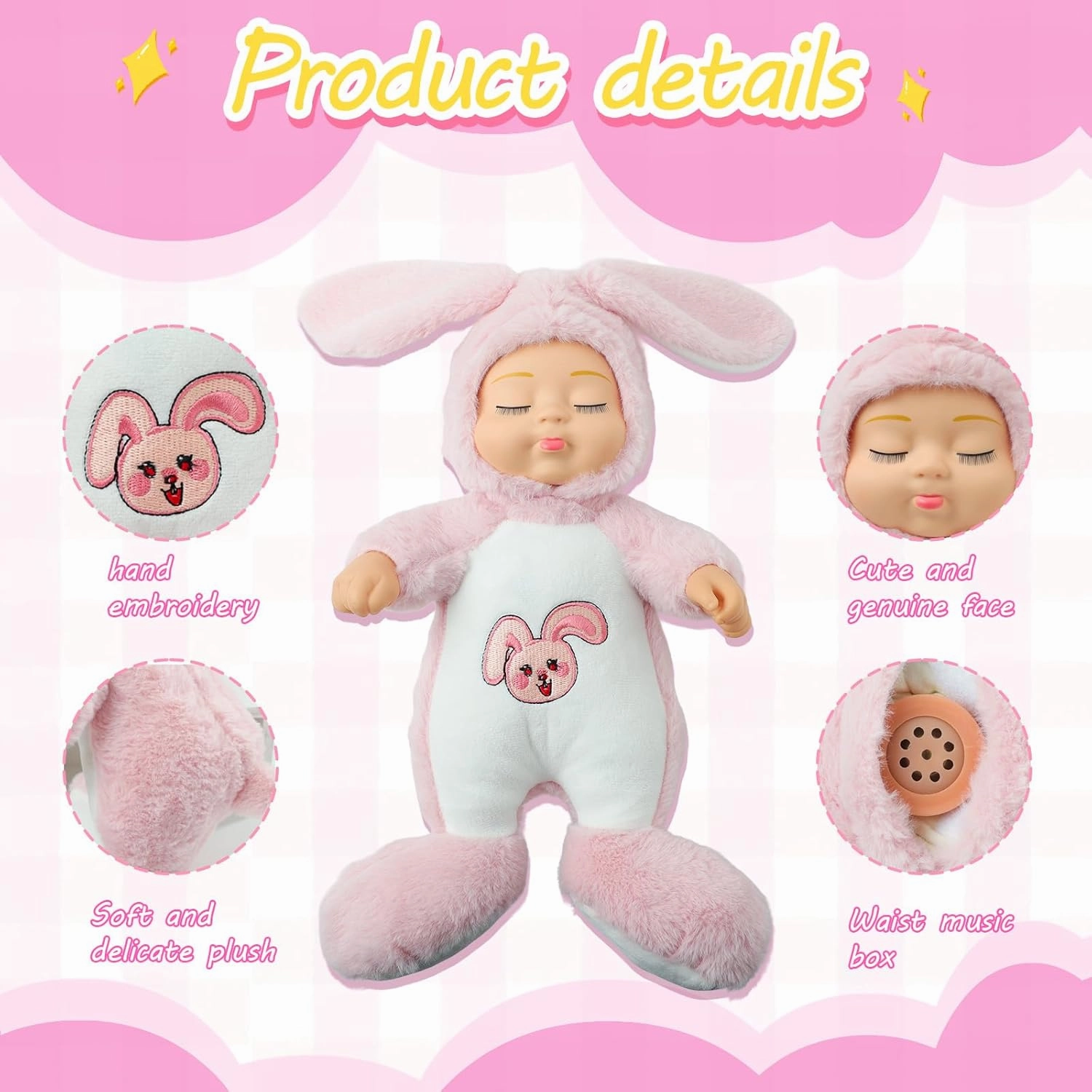 14in Baby Dolls Cute Realistic Reborn Baby Dolls，Soft Plush Toy,Lifelike Newborn Sleeping Animal Doll,Plush Soft Bunny Toy,Music Box with Interactive Singing Feature for Kids Age 3  Gift