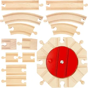 15 Pcs Wooden Train Track Bulk Hardwood Track Rotating Turntables Wood Train Track Expansion Packs Compatible with Most Railway Set