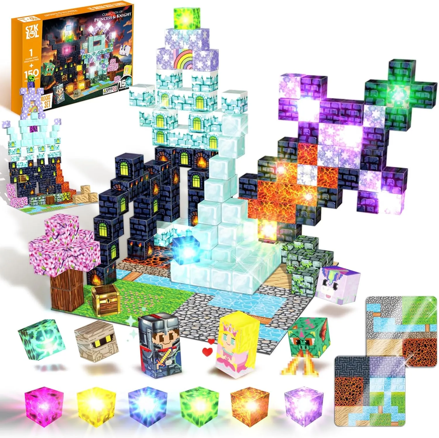 150 PCS Magnetic Building Toys, Magnetic Building Blocks with Light, magnetic cubes Princess & Knight Theme Light Up, STEM Sensory Stacking Build Mine Set for Kid Age 3  (150pcs with 15 Flashing Cubes