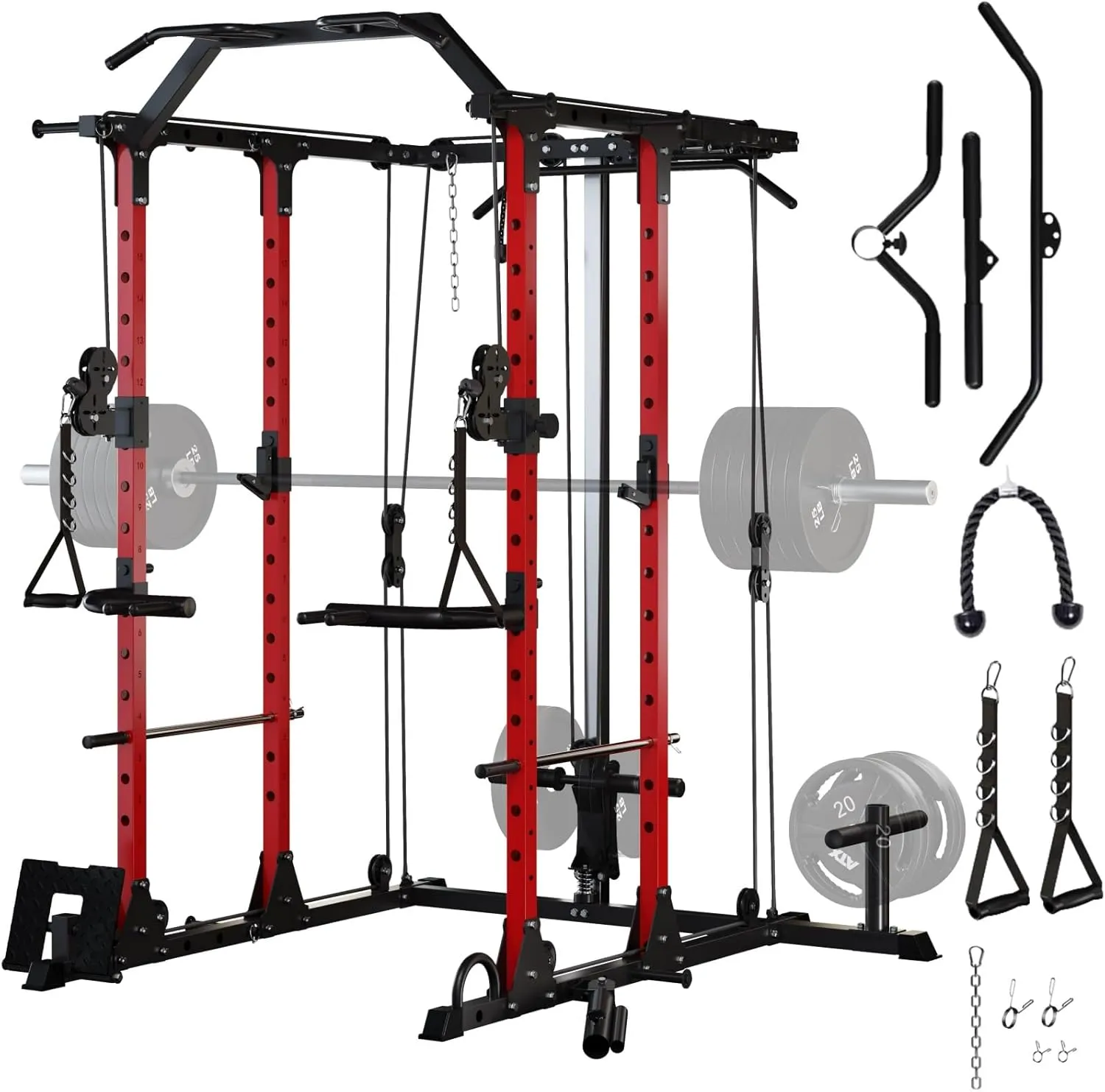 1500LBS Power Cage with Squat Rack, LAT Pulldown & Multi-Function Cable System - Complete Upper Body Home Gym Training Station with Attachments
