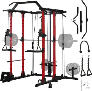 1500LBS Power Cage with Squat Rack, LAT Pulldown & Multi-Function Cable System - Complete Upper Body Home Gym Training Station with Attachments