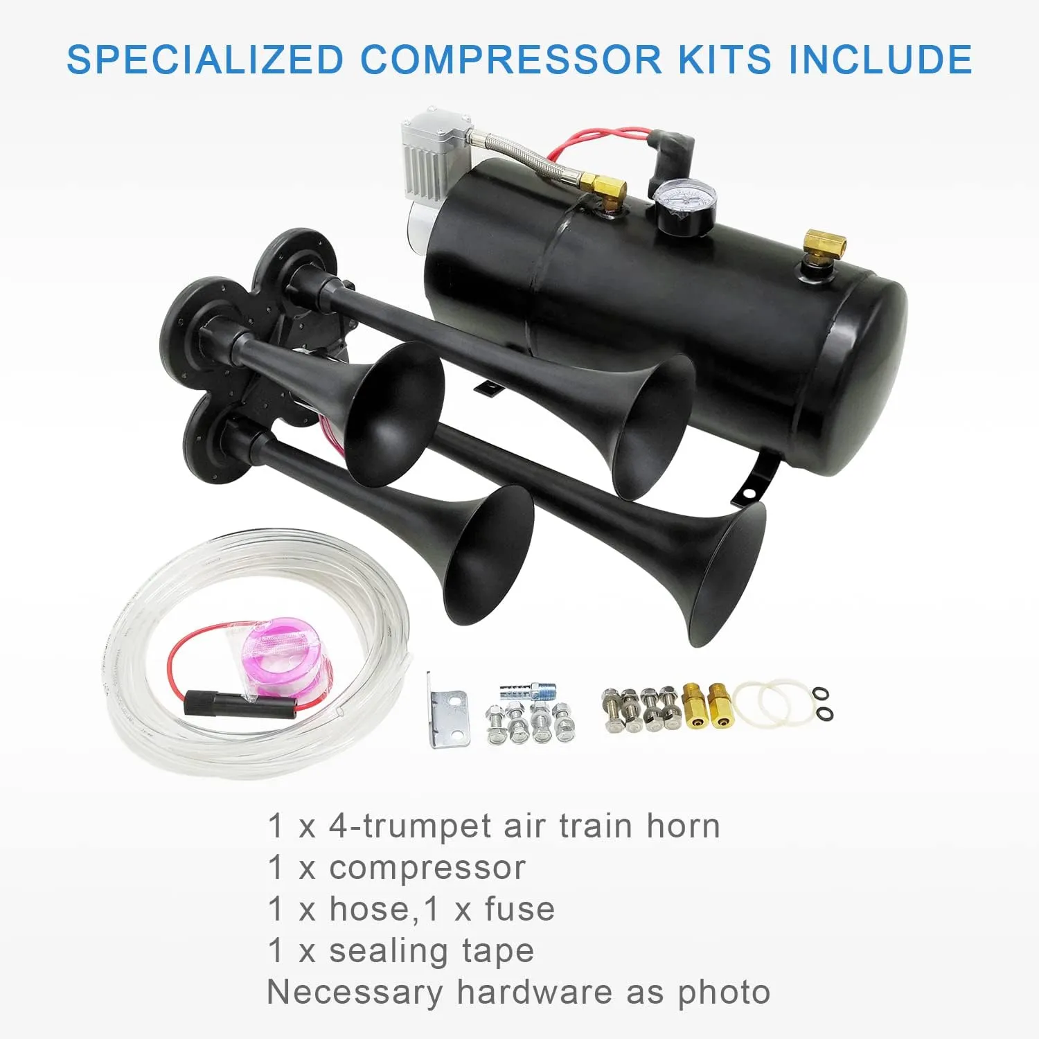 150DB 4 Trumpet Train Horns kit Super Loud Air Horn with 150 PSI 12V Air Compressor Air Horn Compressor Tank For Any Vehicle Trucks Car Jeep Or SUV