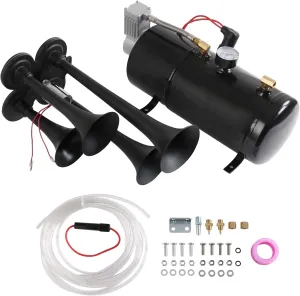 150DB 4 Trumpet Train Horns kit Super Loud Air Horn with 150 PSI 12V Air Compressor Air Horn Compressor Tank For Any Vehicle Trucks Car Jeep Or SUV