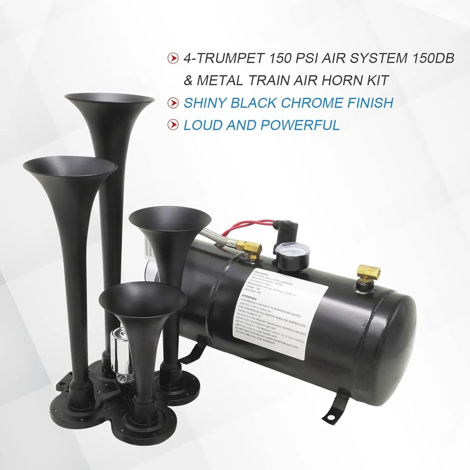150DB 4 Trumpet Train Horns kit Super Loud Air Horn with 150 PSI 12V Air Compressor Air Horn Compressor Tank For Any Vehicle Trucks Car Jeep Or SUV