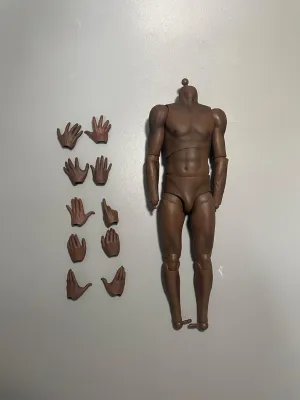 1/6 Scale Male Action Figure Body, 12 Inch Flexible Ball-joint Body Black Skin Muscular Man Aciton Figure, 1/6 Strong Muscle Man Figure Model with Detachable 5 Pairs of Hands Gesture Shapes (D style)