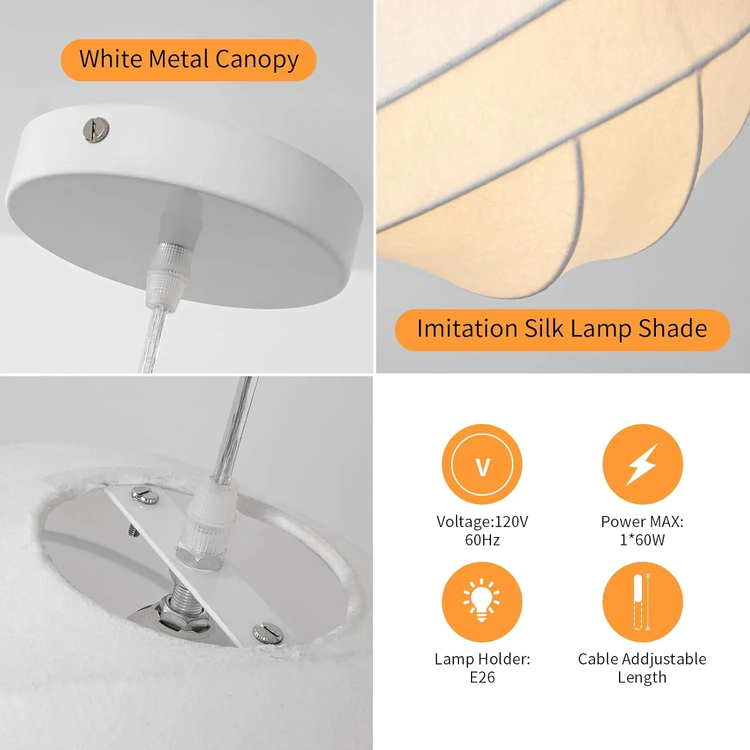 17.7 Inch White Pendant Light for Dining Room, Silk Globe Pendant Light, Modern Pendant Light Fixtures for Bedroom Kitchen Island Living Room Dining Room Hallway Restuarant