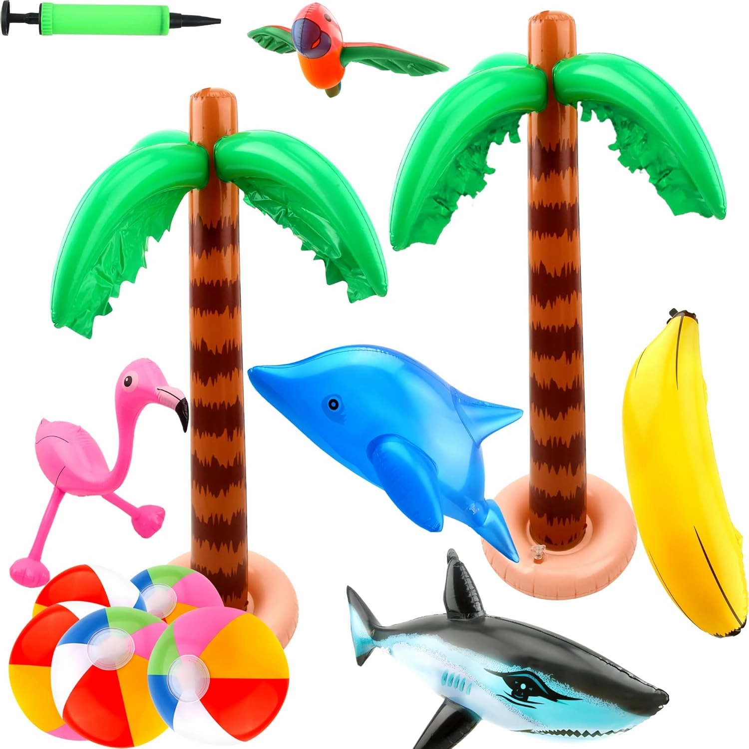 18 Pcs Inflatable Palm Coconut Trees Blow Up Flamingo Banana Beach Balls Shark Dolphin Beach Pool Toys for Summer Beach Pool Party Hawaiian Luau Tropical Themed Party Supplies