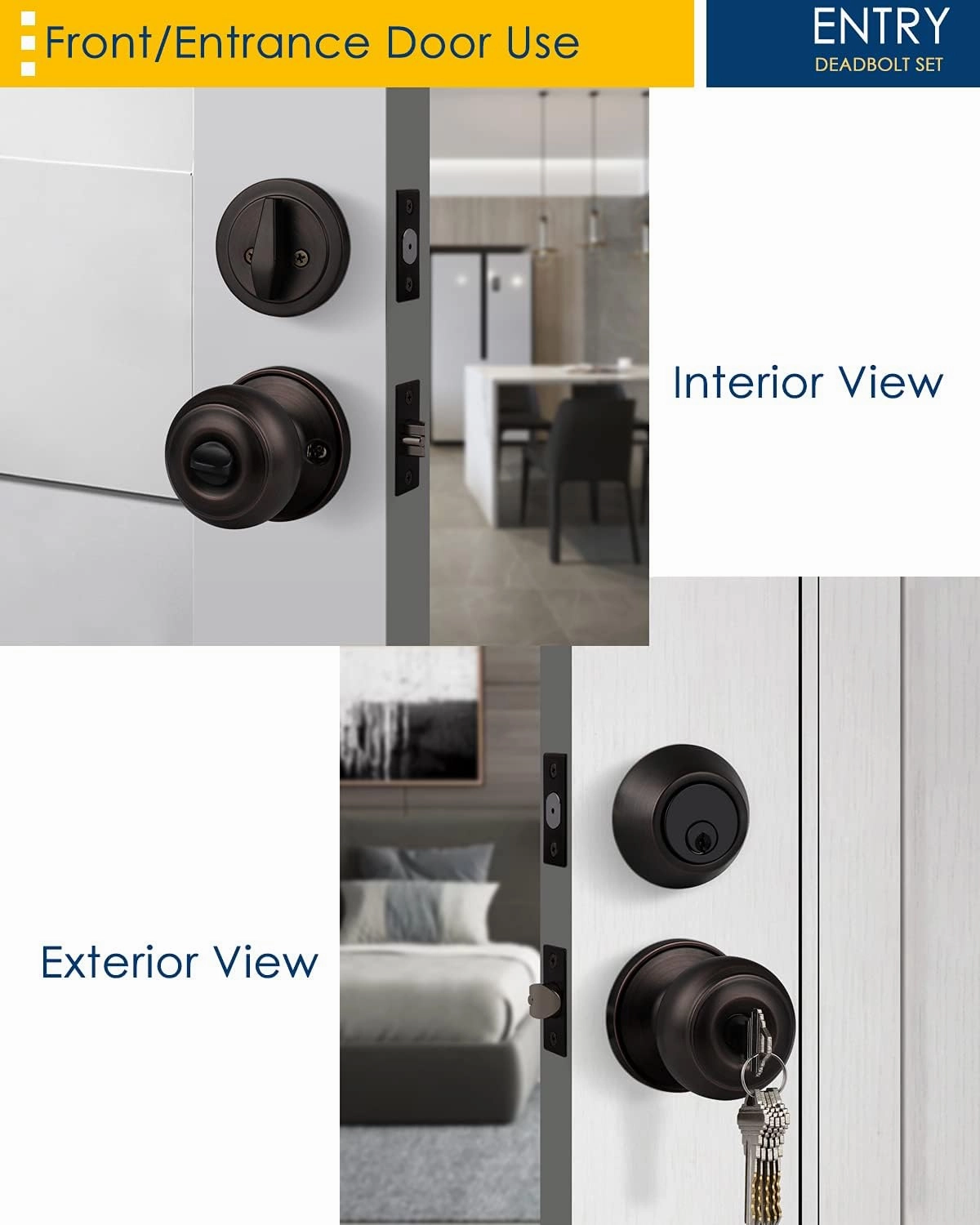 1 Pack Entry Door Knob and Deadbolt Set, Keyed Alike Oil Rubbed Bronze Exterior Door Knob with Single Cylinder Deadbolt Lock Set, Front Door Knob and Deadbolt for Entrance and Office Door