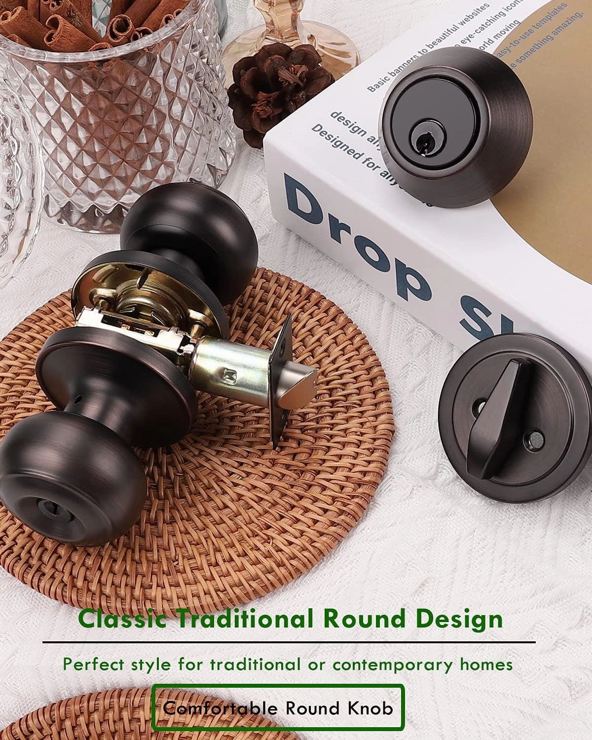 1 Pack Entry Door Knob and Deadbolt Set, Keyed Alike Oil Rubbed Bronze Exterior Door Knob with Single Cylinder Deadbolt Lock Set, Front Door Knob and Deadbolt for Entrance and Office Door