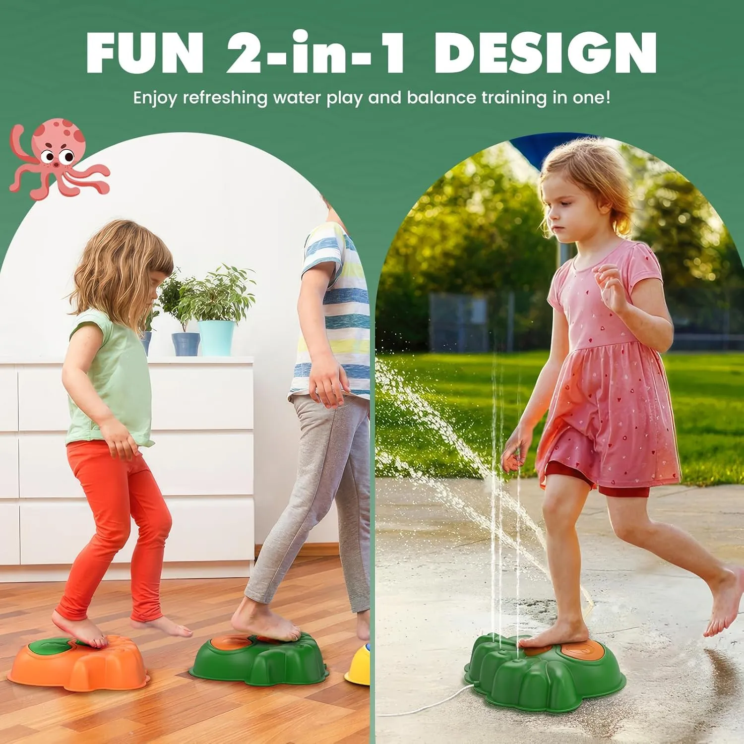 2-in-1 Kids Water Sprinkler & Balance Stepping Stone – 2025 New Upgrade Glowing Octopus Garden Toy with LED Lights, Detachable Spray Nozzle, Anti-Slip, Stackable & Storage Bag(Orange & Green)