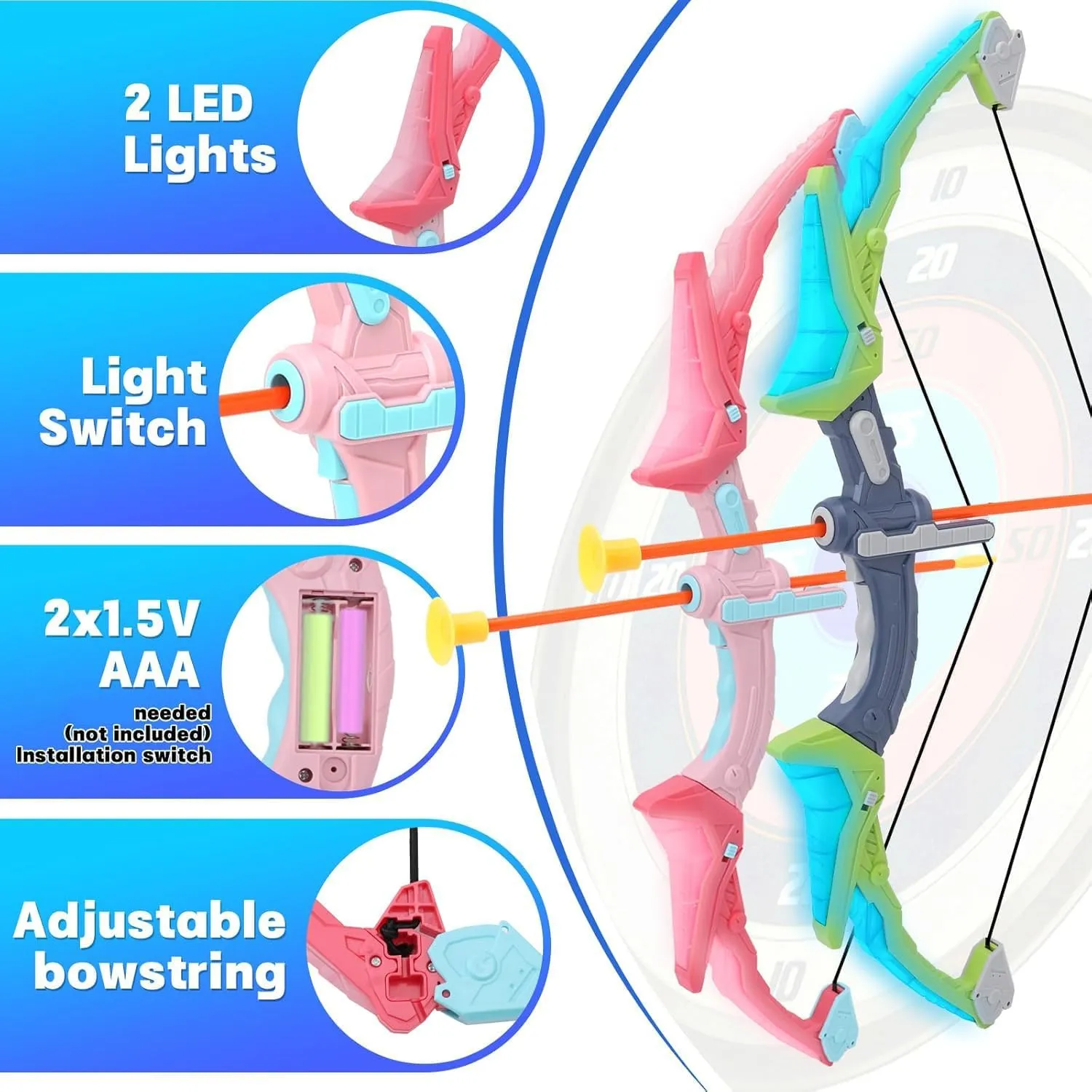 2 Pack Bow and Arrow Set for Kid, LED Light Up Archery Toy with 20 Suction Cup Arrows & 2 Quiver, 2 Score Target, Indoor Outdoor Activity for 6 7 8 9 10 11 12 Year Old Boy Girl Gifts