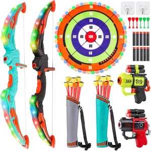 2 Pack Kids Bow and Arrow Set Toy for Ages 4-6 8-12 Boys Archery Set with LED Light Up Outdoor Indoor Sport Toys for 5 6 7 8 9 10 11 12 Year Old Boys Girls Gifts