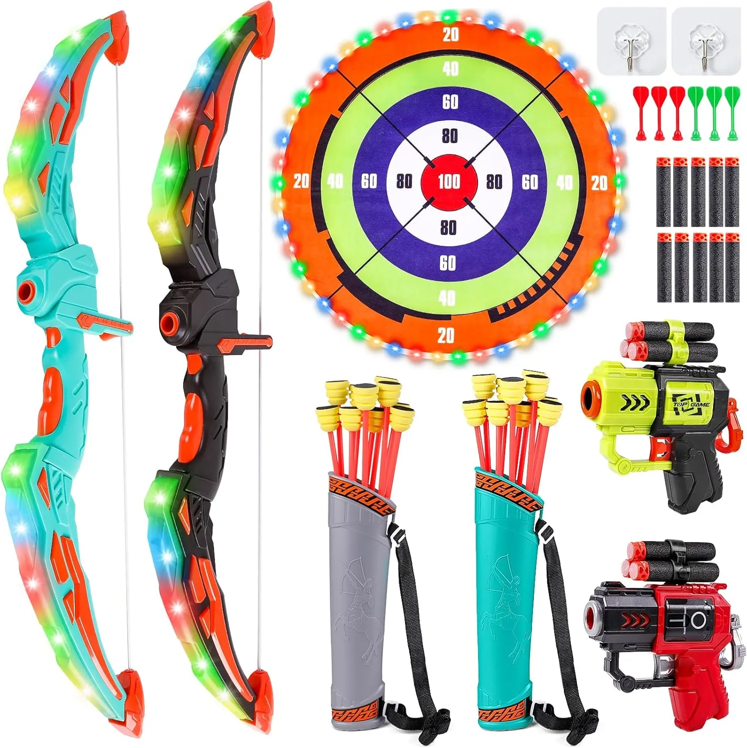 2 Pack Kids Bow and Arrow Set Toy for Ages 4-6 8-12 Boys Archery Set with LED Light Up Outdoor Indoor Sport Toys for 5 6 7 8 9 10 11 12 Year Old Boys Girls Gifts