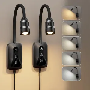 2 Pack Wall Mounted Headboard Reading Light, LED Dimmable Touch Control, Flexible Gooseneck, Ideal for Bedside, Office, or Reading (Black)