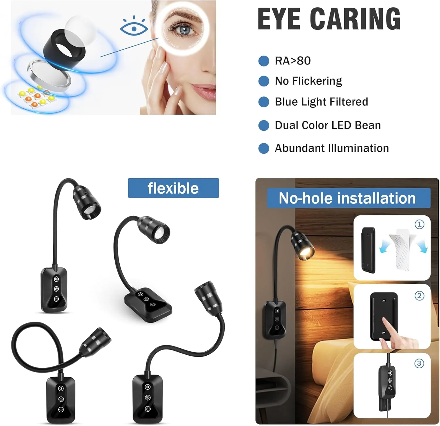 2 Pack Wall Mounted Headboard Reading Light, LED Dimmable Touch Control, Flexible Gooseneck, Ideal for Bedside, Office, or Reading (Black)