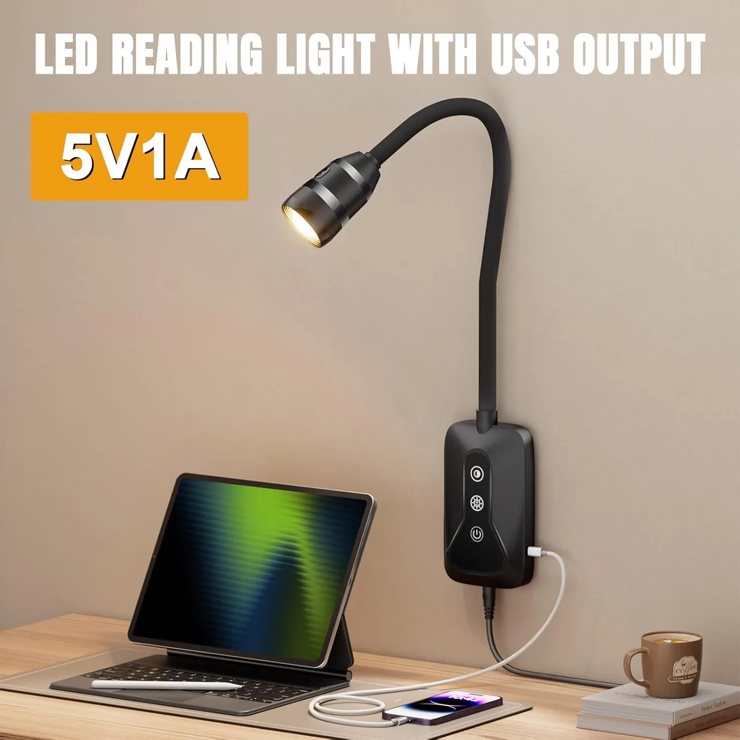 2 Pack Wall Mounted Headboard Reading Light, LED Dimmable Touch Control, Flexible Gooseneck, Ideal for Bedside, Office, or Reading (Black)